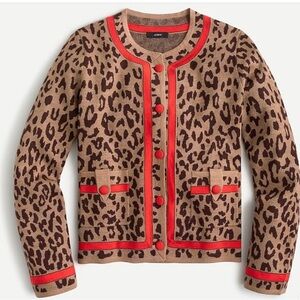 J Crew Leopard Print Cardigan with Red Trim